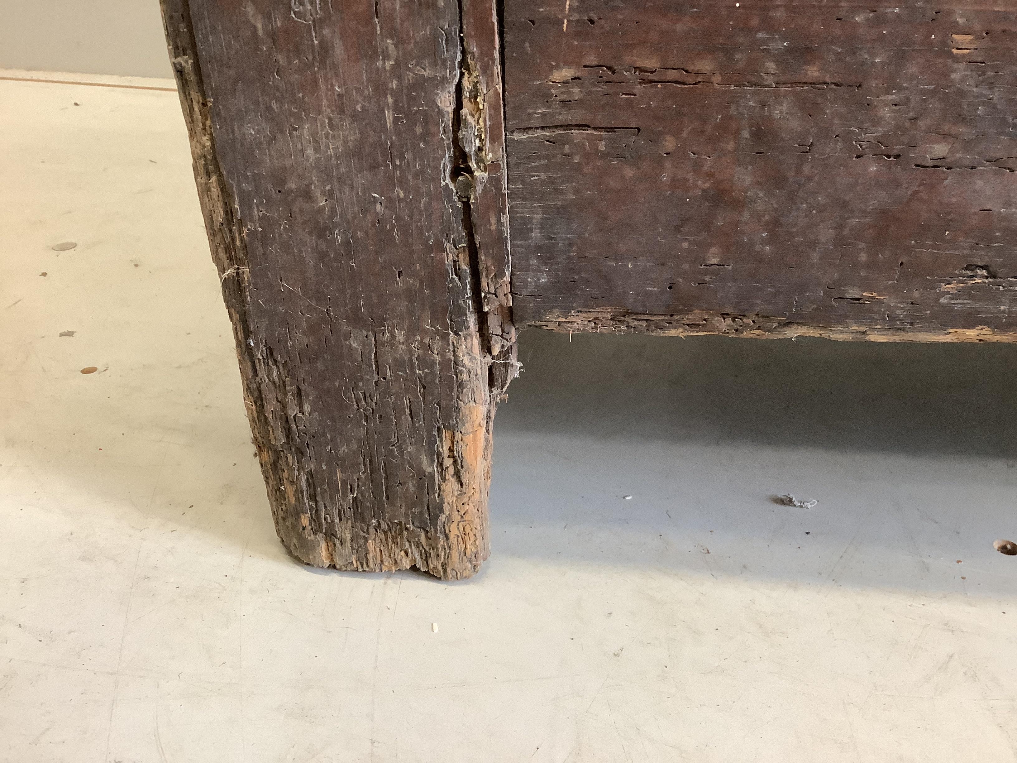 An 18th century panelled pine coffer, width 112cm, depth 41cm, height 50cm